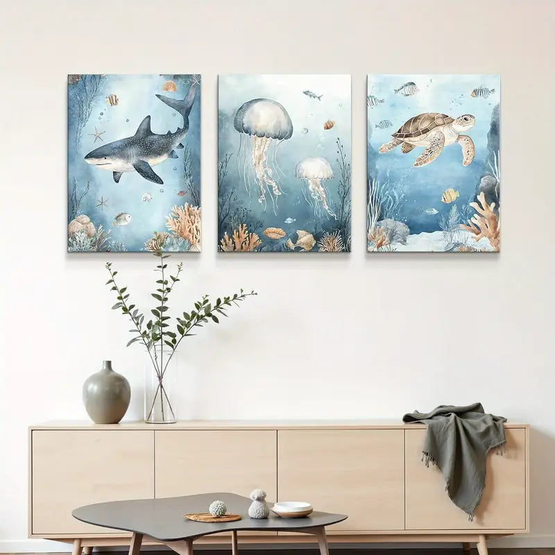 3pcs Turtle, Jellyfish, Shark & Coral Reef Designs Metal Print Ready to Hang Art