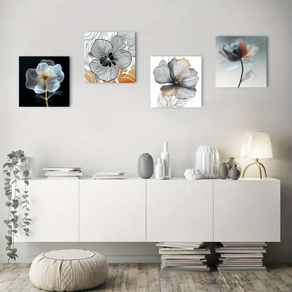 4pcs Flowers in Black, White, And Pastel Tones Wall Art Canvas Framed
