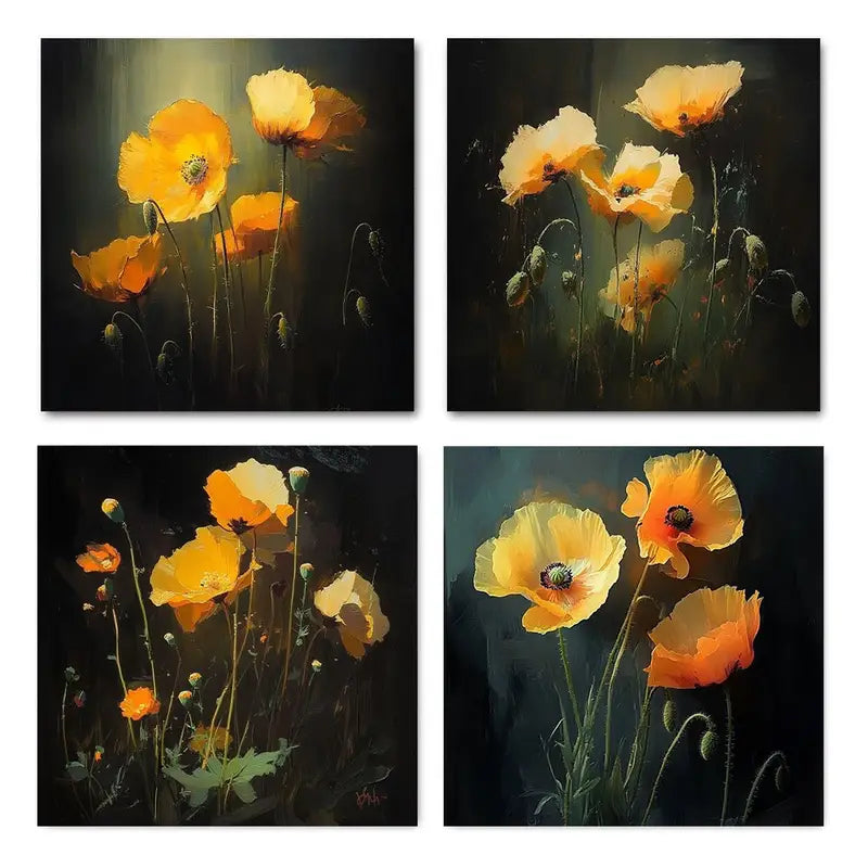 4pcs Amber Poppy Elegant  Wall Art Canvas Framed