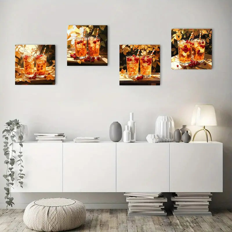 4pcs Chilled Hawthorn Drink With Straw & Ice Wall Art Canvas Framed