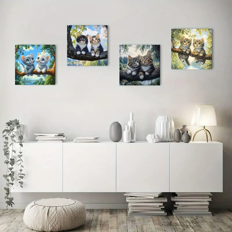 4pcs Cats On Tree Themed Wall Art Canvas Framed