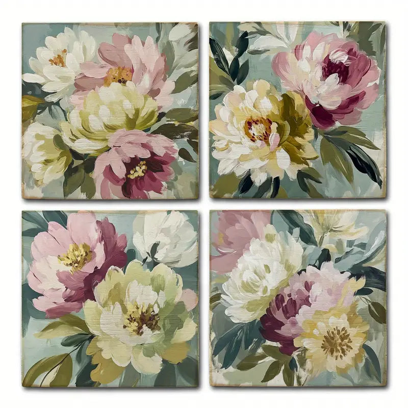 4pcs Green,Pink And White Flower Assent Wall Art Canvas Framed