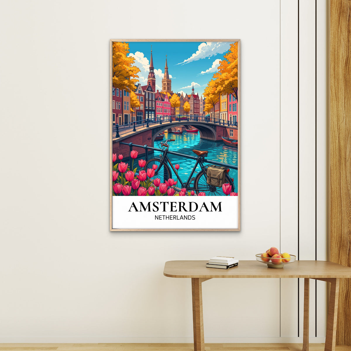Amsterdam Canal Bicycle And Tulips Netherlands Travel Poster Print Wall Art
