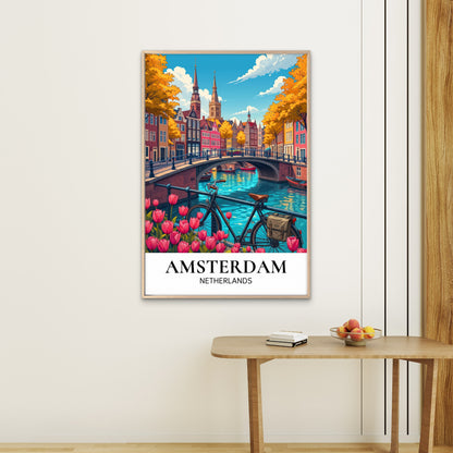 Amsterdam Canal Bicycle And Tulips Netherlands Travel Poster Print Wall Art