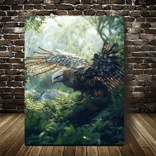 Steampunk Hawk in Jungle Morning Mist & Lush Foliage 40x60cm Metal Print Ready to Hang