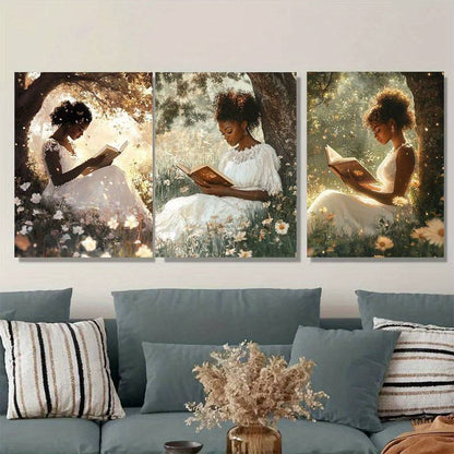 3pcs Girl Reading Under Tree with Books Metal Print Ready to Hang Art