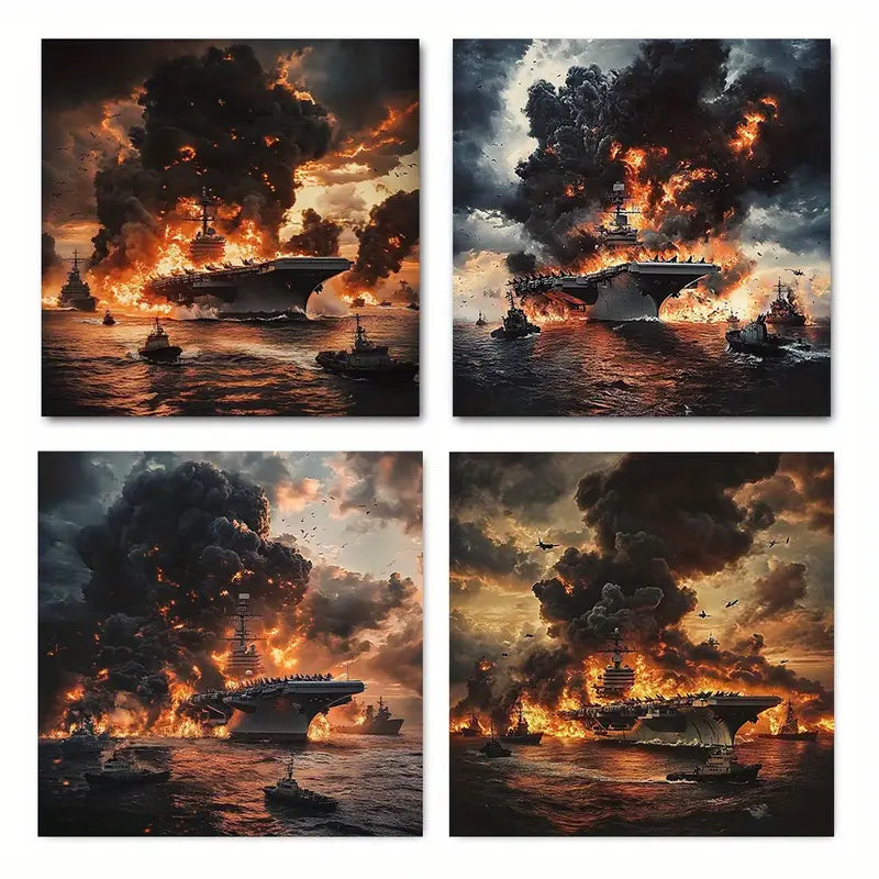 4pcs Flames Of  Ship Wall Art Canvas Framed