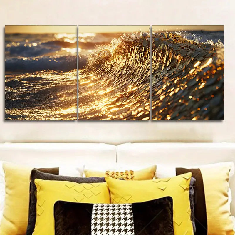 3pcs Gold Coin Waves Metal Print Ready to Hang Art