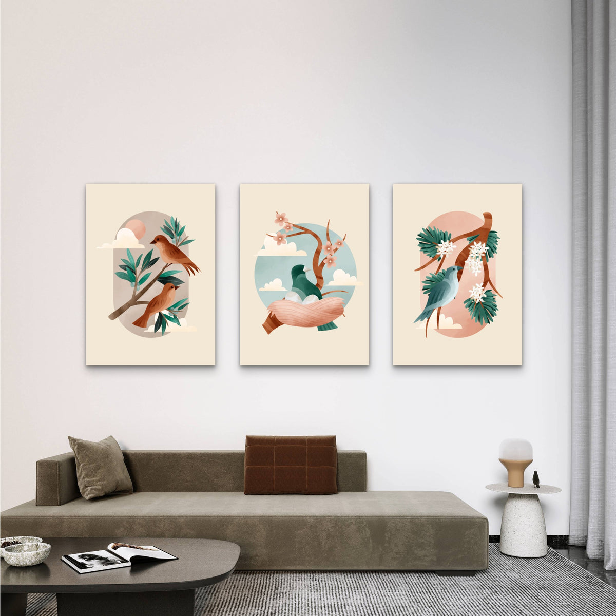 3pcs Birds on Branch Pastel Trio Neutral Wall Art Set Canvas Framed 50x70cm - High Quality Print 100% Australian Made Wall Canvas Ready to Hang