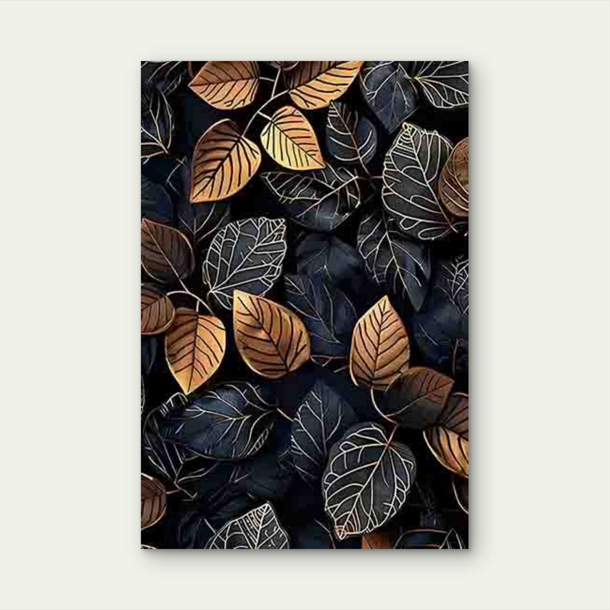 Black and Golden Leaf Pattern  60x90cm Metal Print Ready to Hang - Bella Home Decor