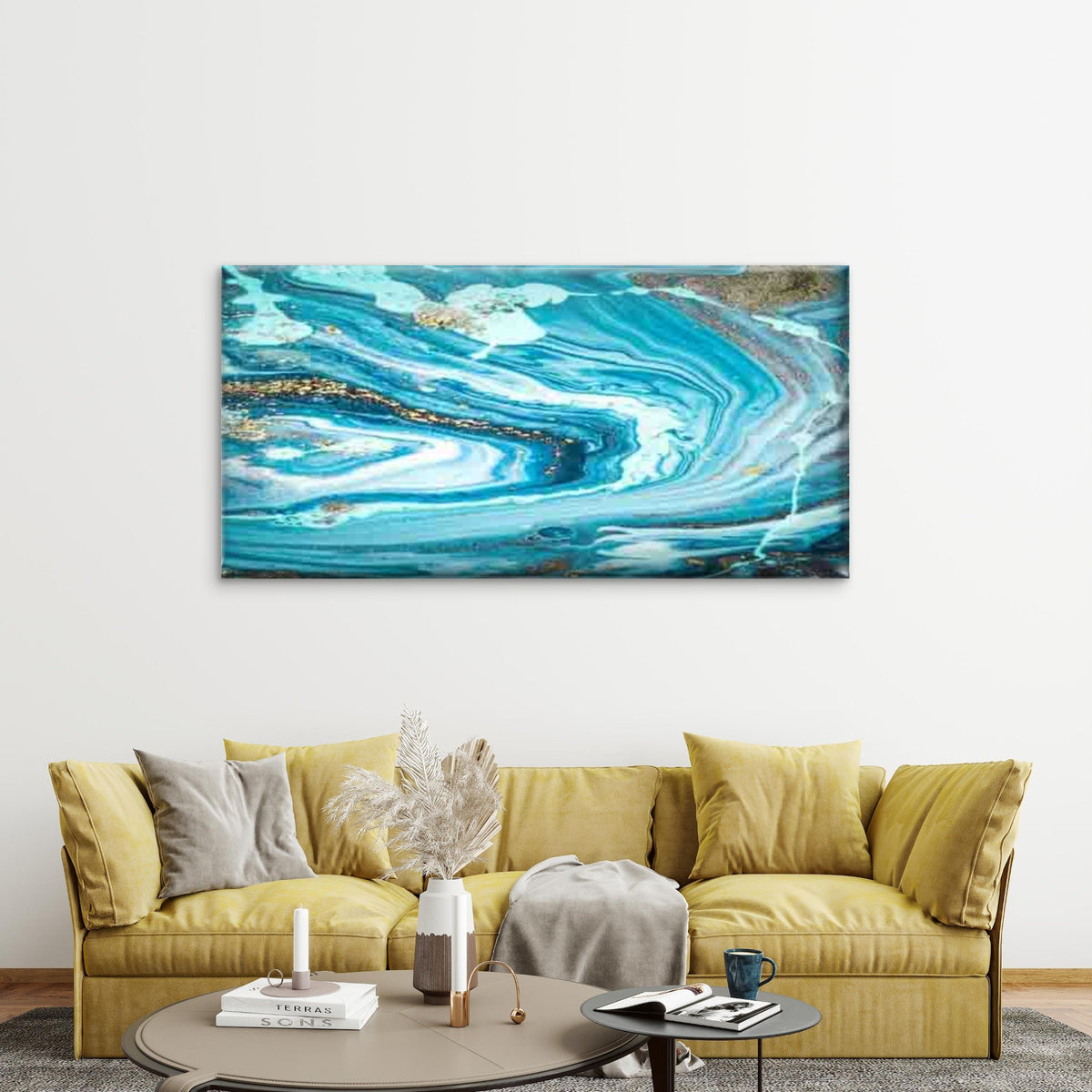 Blue & Golden Marble Wall Art Canvas Office Home Room Framed 120x60cm