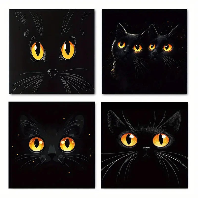 4pcs Black Cat Face for Living BD  Wall Art Canvas Framed