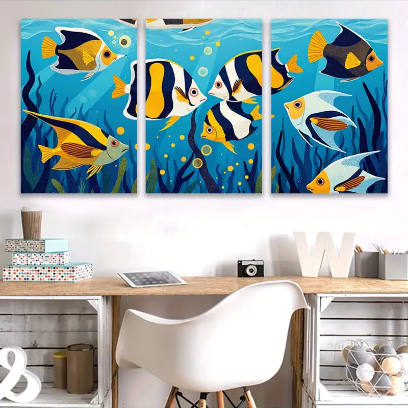 3pcs Yellow & Black Fish Underwater Scene Wall Art Set Canvas Framed 50x70cm - High Quality Print 100% Australian Made Wall Canvas Ready to Hang