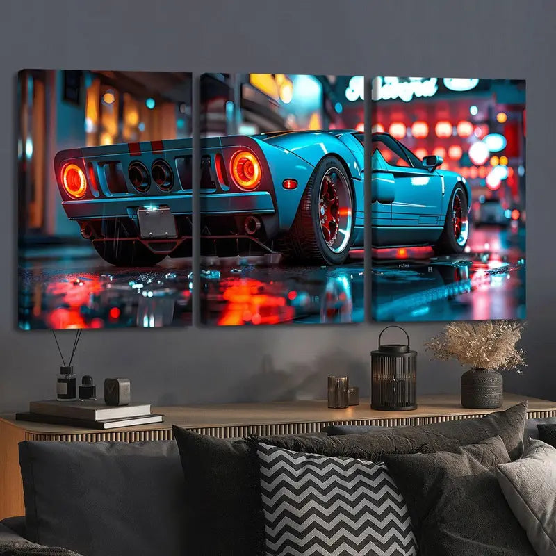 3pcs Bright Blue Sports Car Night View Metal Print Ready to Hang Art