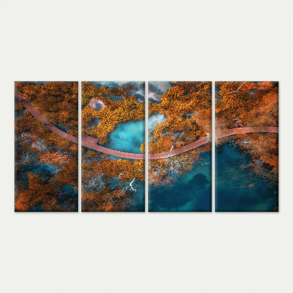 4pcs Aerial Autumn Forest Lake Bridge Pathway Wall Art Canvas Framed 45x80cm         - High Quality Print 100% Australian Made Wall Canvas Ready to Hang