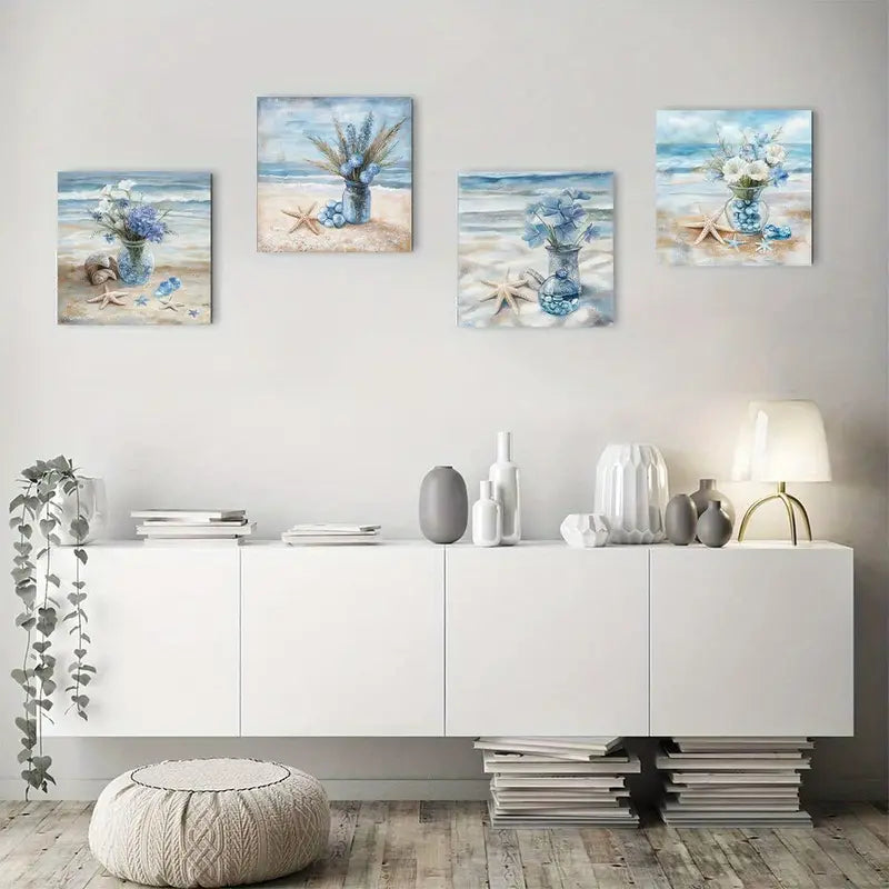 4pcs Beach Flowers In A Bottle Wall Art Canvas Framed