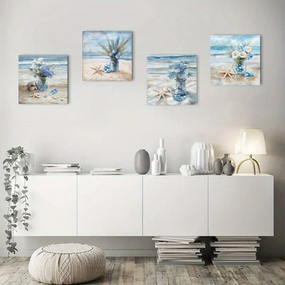 4pcs Beach Flowers In A Bottle Wall Art Canvas Framed