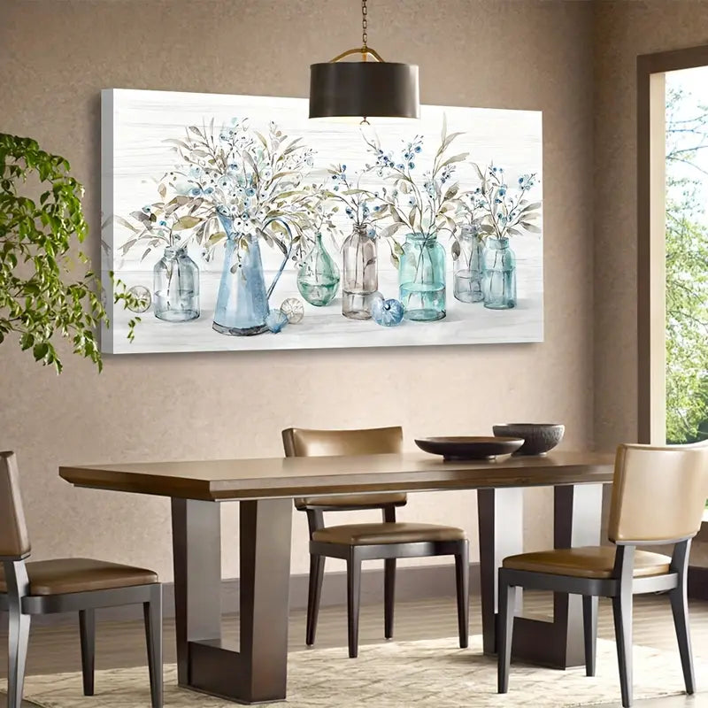 Indigo Floral Jar Vintage Botanical Flower Bottle Wall Art  canvas office home room framed 120x60cm