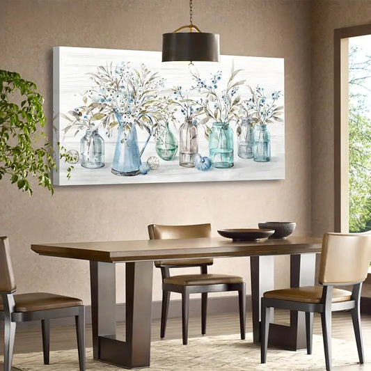 Indigo Floral Jar Vintage Botanical Flower Bottle Wall Art  canvas office home room framed 120x60cm