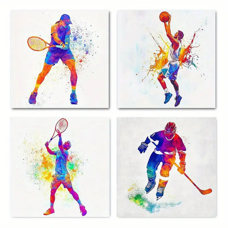 4pcs Watercolor Sportsman Tennis Playe Wall Art Canvas Framed