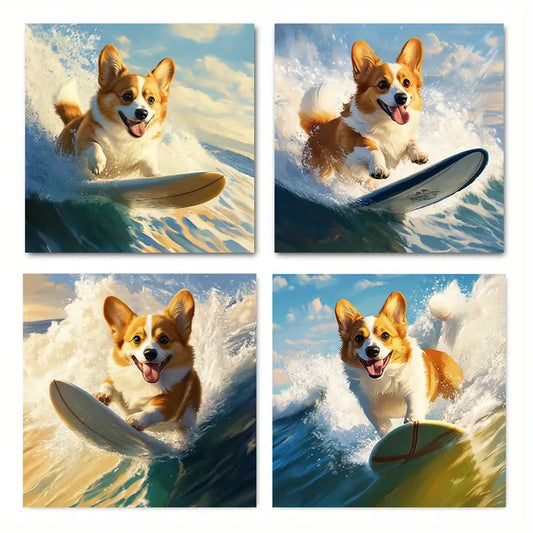 4pcs Dog Surfing Art Poster Wall Art Canvas Framed