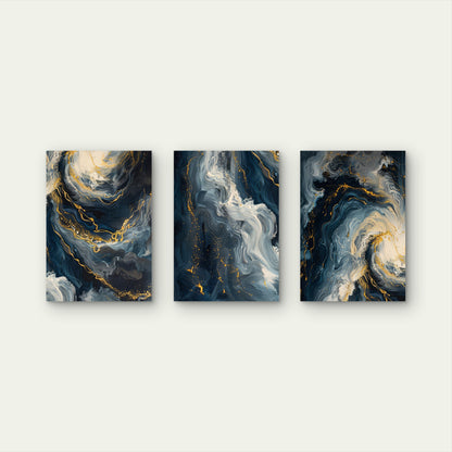 3pcs Modern Abstract Blue Gold Fluid Ocean Wall Art Set Canvas Framed 60x90cm - High Quality Print 100% Australian Made Wall Canvas Ready to Hang