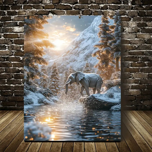 Steampunk Elephant in Snowy Mountain Stream 40x60cm Metal Print Ready to Hang