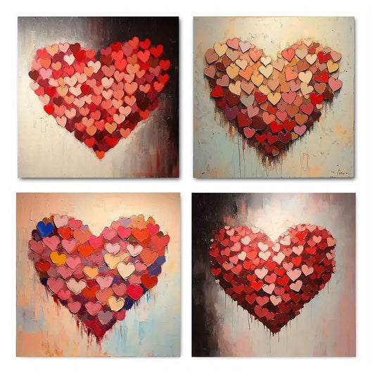 4pcs Pink Heart Valentine's Day Theme Wall Art Canvas Framed