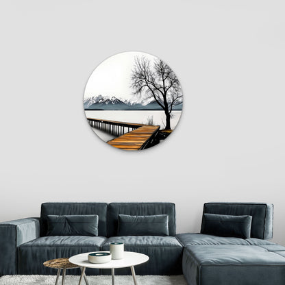 Black And White Wooden Pier Tree Lake Acrylic Glass Rounded Print Tempered Glass Wall Art 100% Made in Australia Ready to Hang