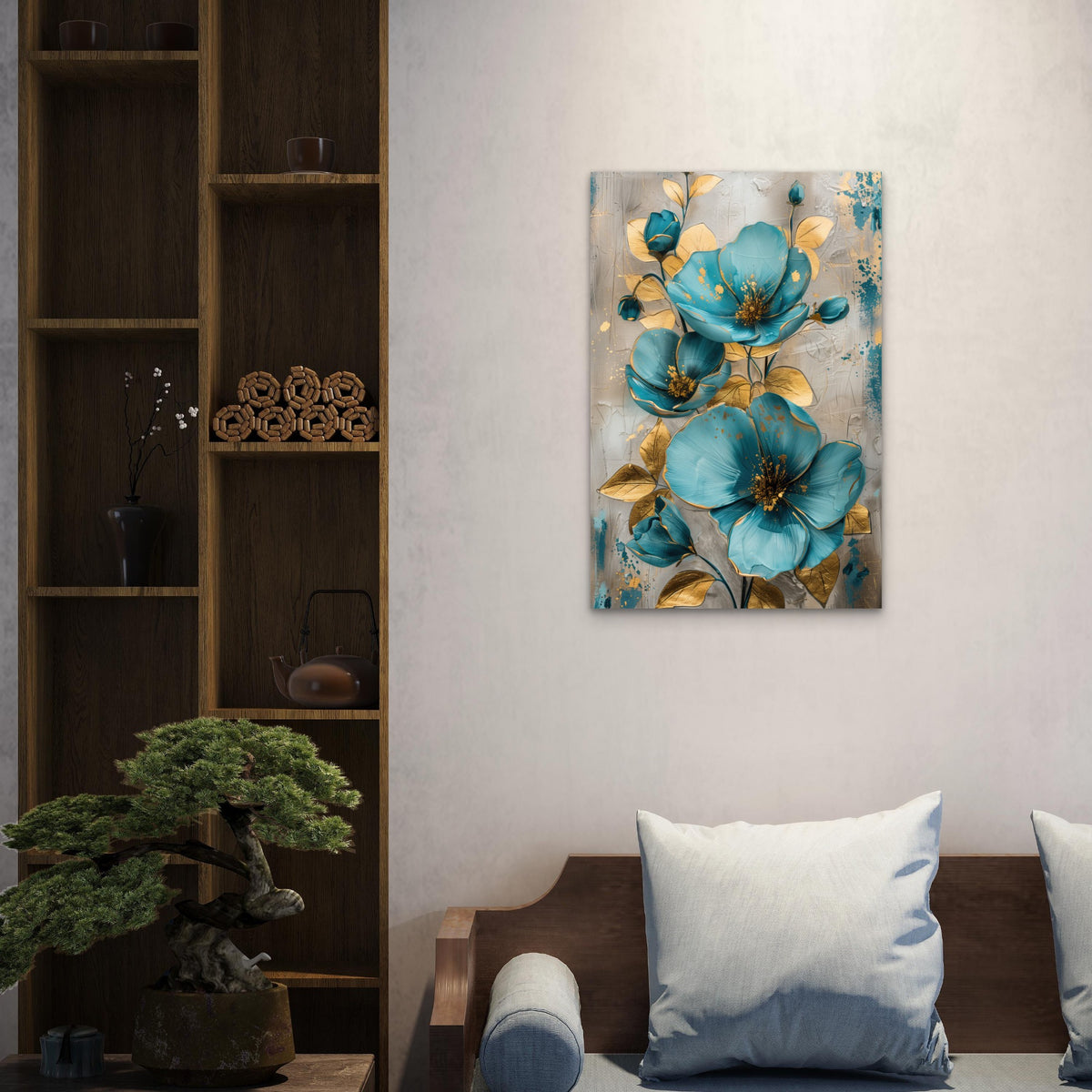 Teal Turquoise Gold Blossom Floral 40x60cm Metal Print Ready to Hang