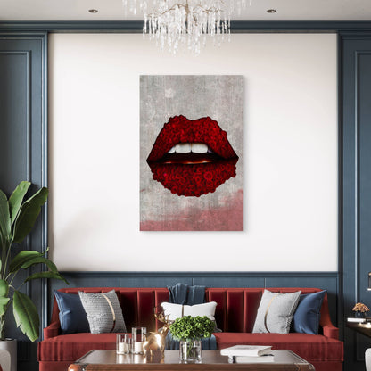 Lips Filled with Numerous Red Roses 60x90cm Metal Print Ready to Hang