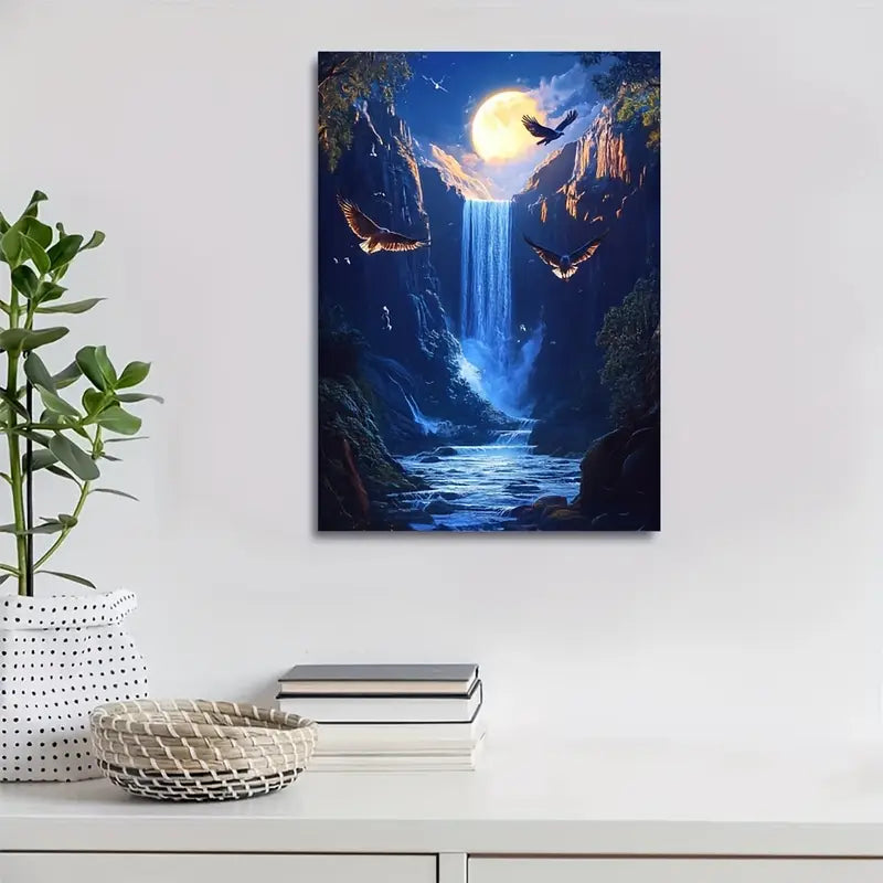 Vibrant Hawk & Waterfall Scene with Moonlight 40x60cm Metal Print Ready to Hang