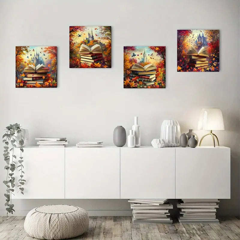4pcs Dreamy Books & Leaves Scenery Wall Art Canvas Framed