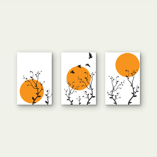 3pcs Minimalist Orange Sun Tree Branches Birds Wall Art Set Canvas Framed 50x70cm - High Quality Print 100% Australian Made Wall Canvas Ready to Hang