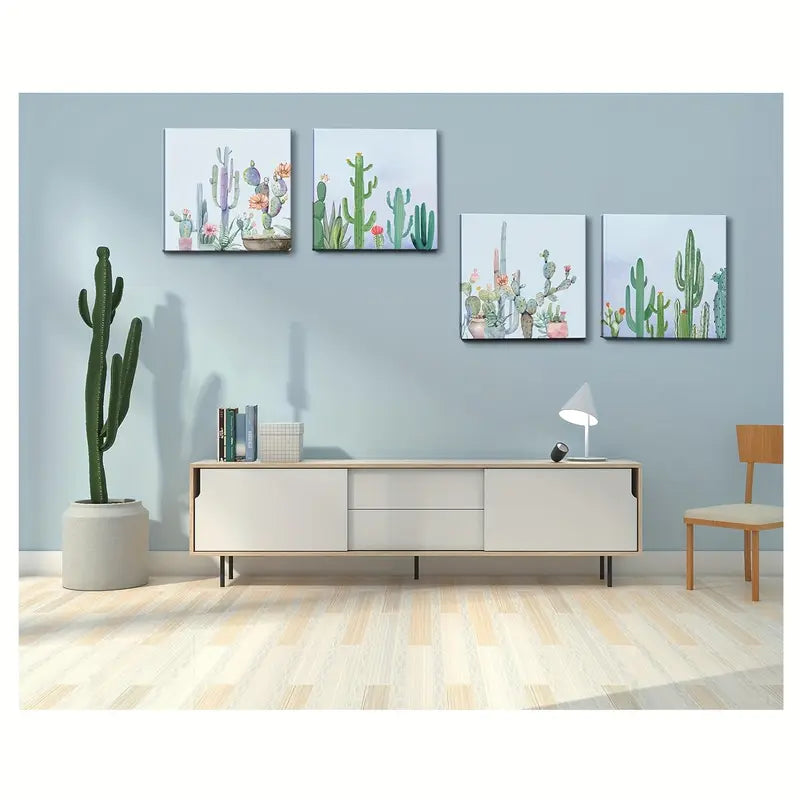 4pcs Green Cactus  Wall Art Canvas Framed