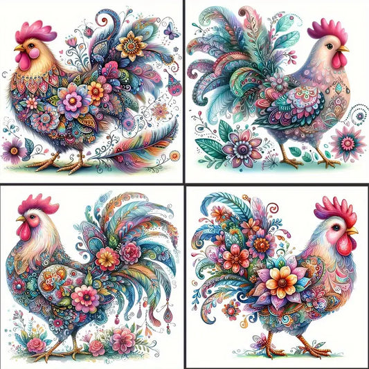 4pcs Vibrant Rooster Wall Art Canvas Framed