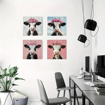 4pcsSet Rustic Cow Wall Art Canvas Framed
