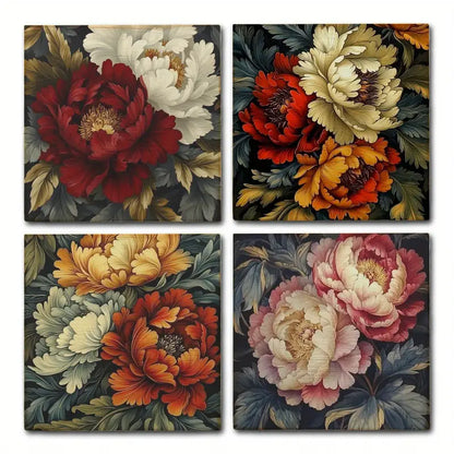 4pcs Poney Rose Flower Wall Art Canvas Framed