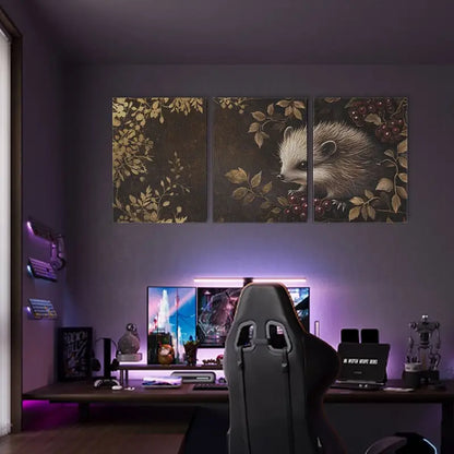 3pcs Cute Hedgehog Charming Animal Design with Floral Metal Print Ready to Hang Art