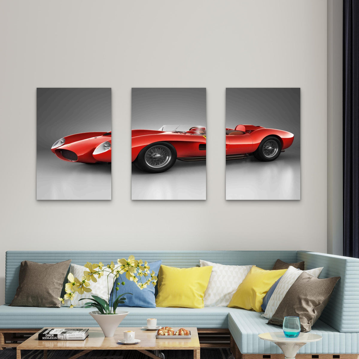 3pcs Classic Red Retro Roadster Racing Car Metal Print Ready to Hang Art