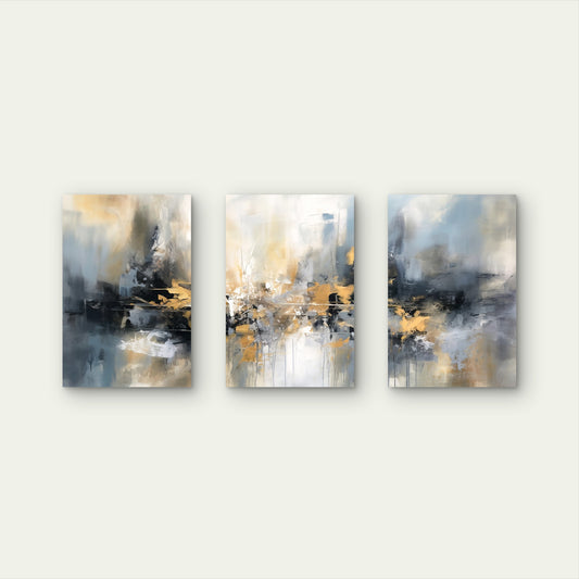 3pcs Grey Blue Gold Abstract Foil Painting Block Wall Art Set Canvas Framed 50x70cm - High Quality Print 100% Australian Made Wall Canvas Ready to Hang