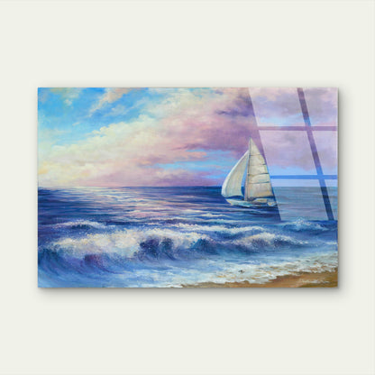 Vibrant Blue Sea Wave Beach Sailing Acrylic Glass Printing Wall Art Australian Made Quality