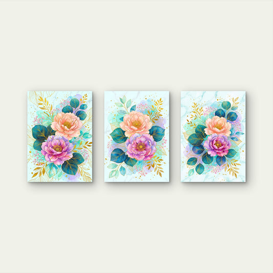 3pcs Watercolor Peony Floral Botanical Gold Leaves Blue Marble Wall Art Set Canvas Framed 40x60cm - High Quality Print 100% Australian Made Wall Canvas Ready to Hang