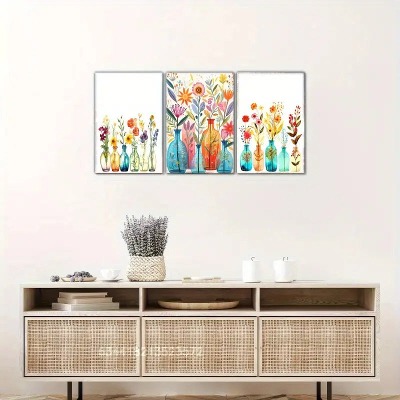 3pcs Bright Floral Vase And Flowers Unique Metal Print Ready to Hang Art
