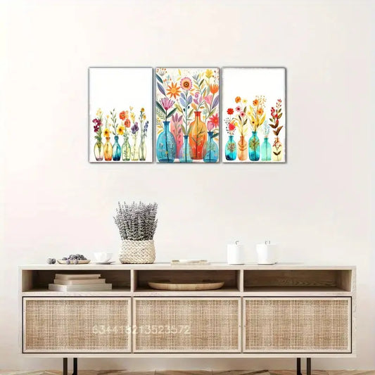3pcs Bright Floral Vase And Flowers Unique Metal Print Ready to Hang Art
