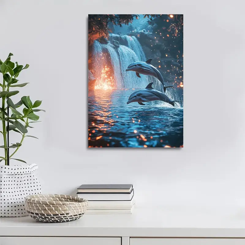 Cyberpunk Dolphin Waterfall Scene with Glowing 40x60cm Metal Print Ready to Hang