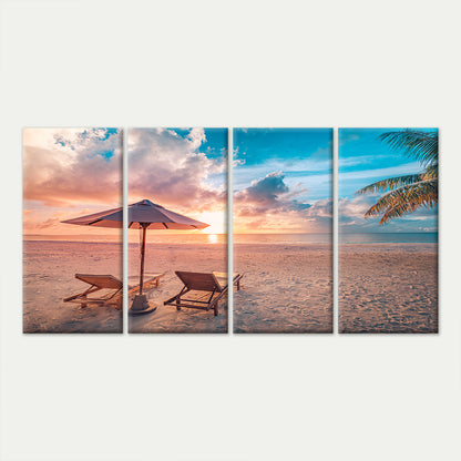 4pcs Tropical Beach Sunset Lounge Chair Palm Wall Art Canvas Framed 45x80cm - High Quality Print 100% Australian Made Wall Canvas Ready to Hang