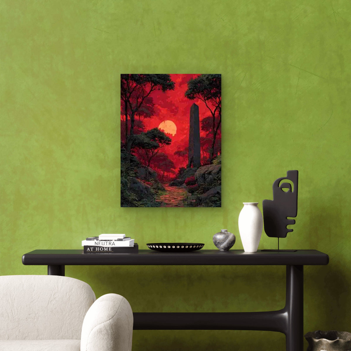 Enigmatic Red Twilight Ancient Obelisk Forest Metal Print Ready to Hang