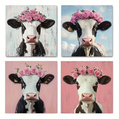 4pcsSet Rustic Cow Wall Art Canvas Framed