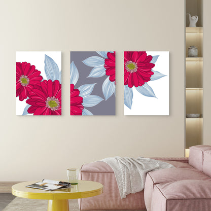 3pcs Pink Red Daisy Floral Line Illustration Drawing Wall Art Set Canvas Framed 50x70cm - High Quality Print 100% Australian Made Wall Canvas Ready to Hang